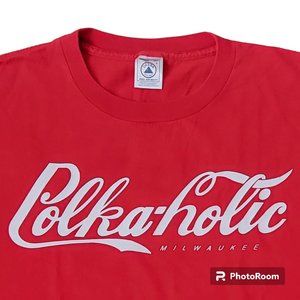Vintage Polka-holic Graphic Novelty Tee Vibrant Red Size Large NEW